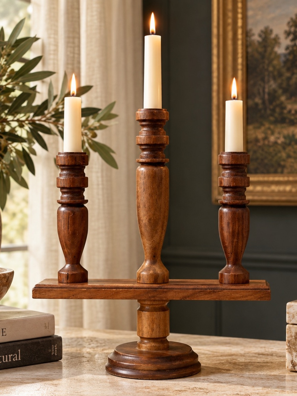 Vintage Solid Wood Three-Arm Candelabra | Turned Wood Candle Holder